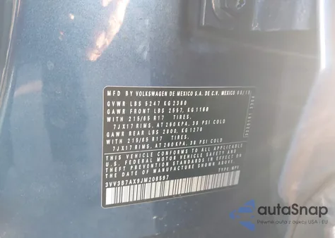 2018 Volkswagen Tiguan 2.0T Se/2.0T Sel z USA, uszkodzony, nr VIN 3VV3B7AX9JM208597